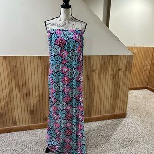 Lilly Pulitzer Marlisa Strapless Jersey Knit Maxi Dress Size L Blue Pink